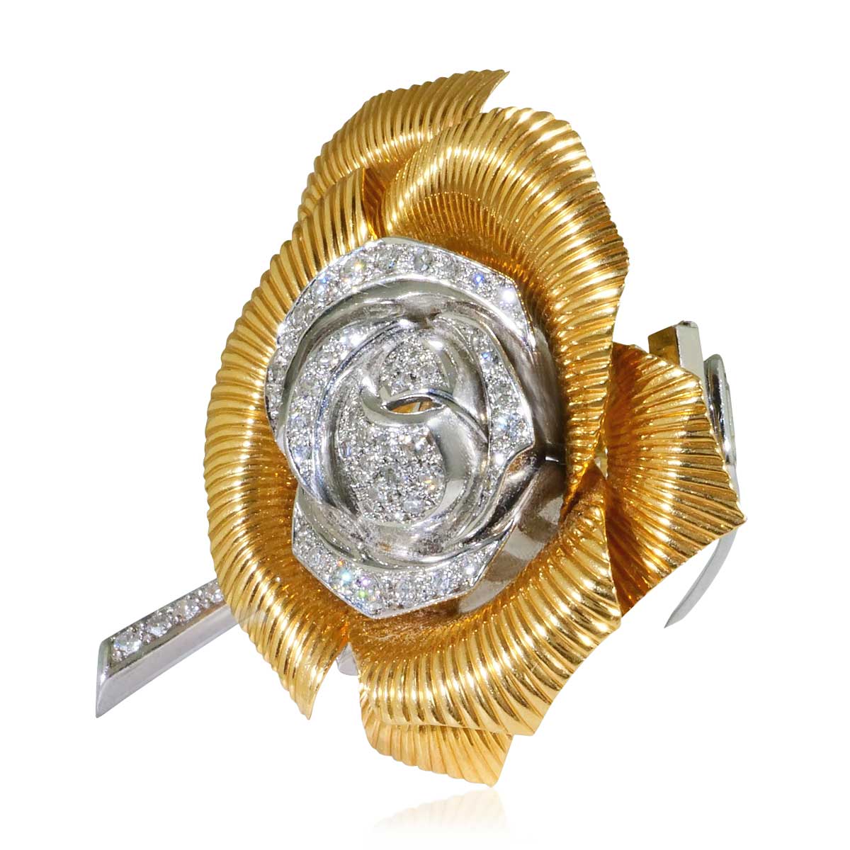  Retro Diamant-Brosche “Rose“ mit 75 Diamanten aus 18 kt Gelb-und Weißgold