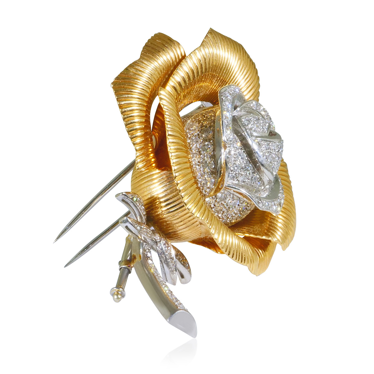  Retro Diamant-Brosche “Rose“ mit 75 Diamanten aus 18 kt Gelb-und Weißgold