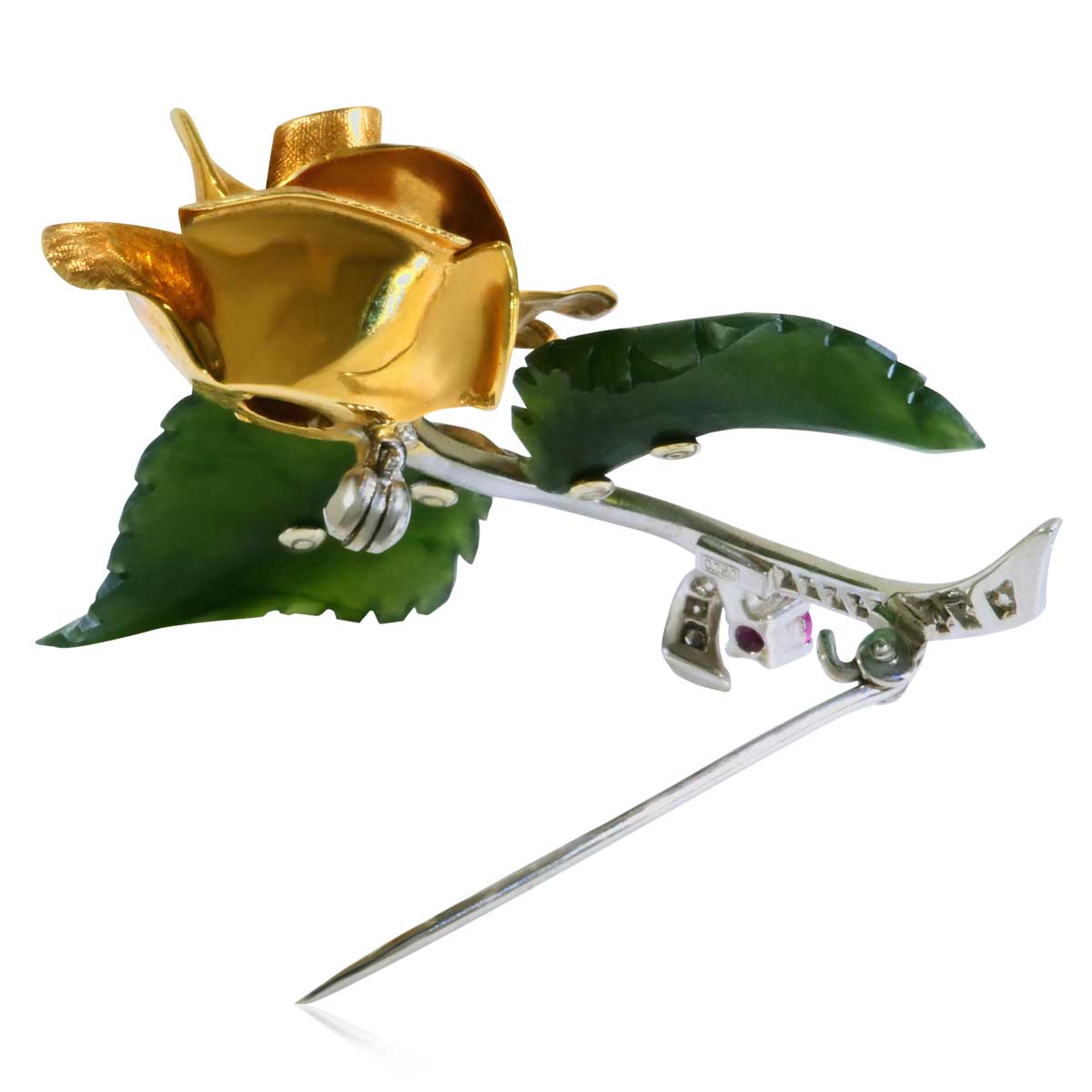 Rubin-Diamant Rosenbrosche, 18 kt Gelb- und Weißgold mit Nephritblättern, 0,22ct Diamanten