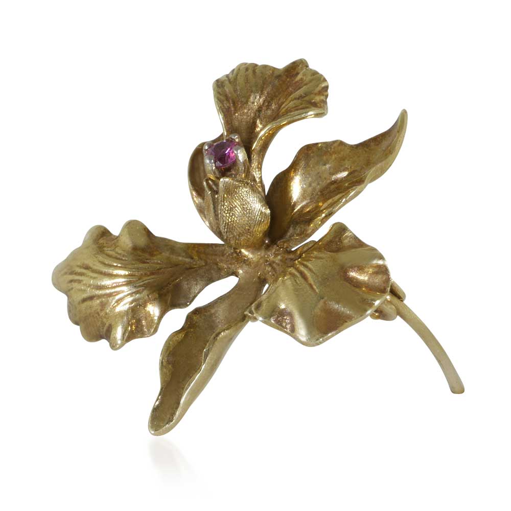 Brosche „Orchideenblüte“ 14 kt Roségold mit Rubin