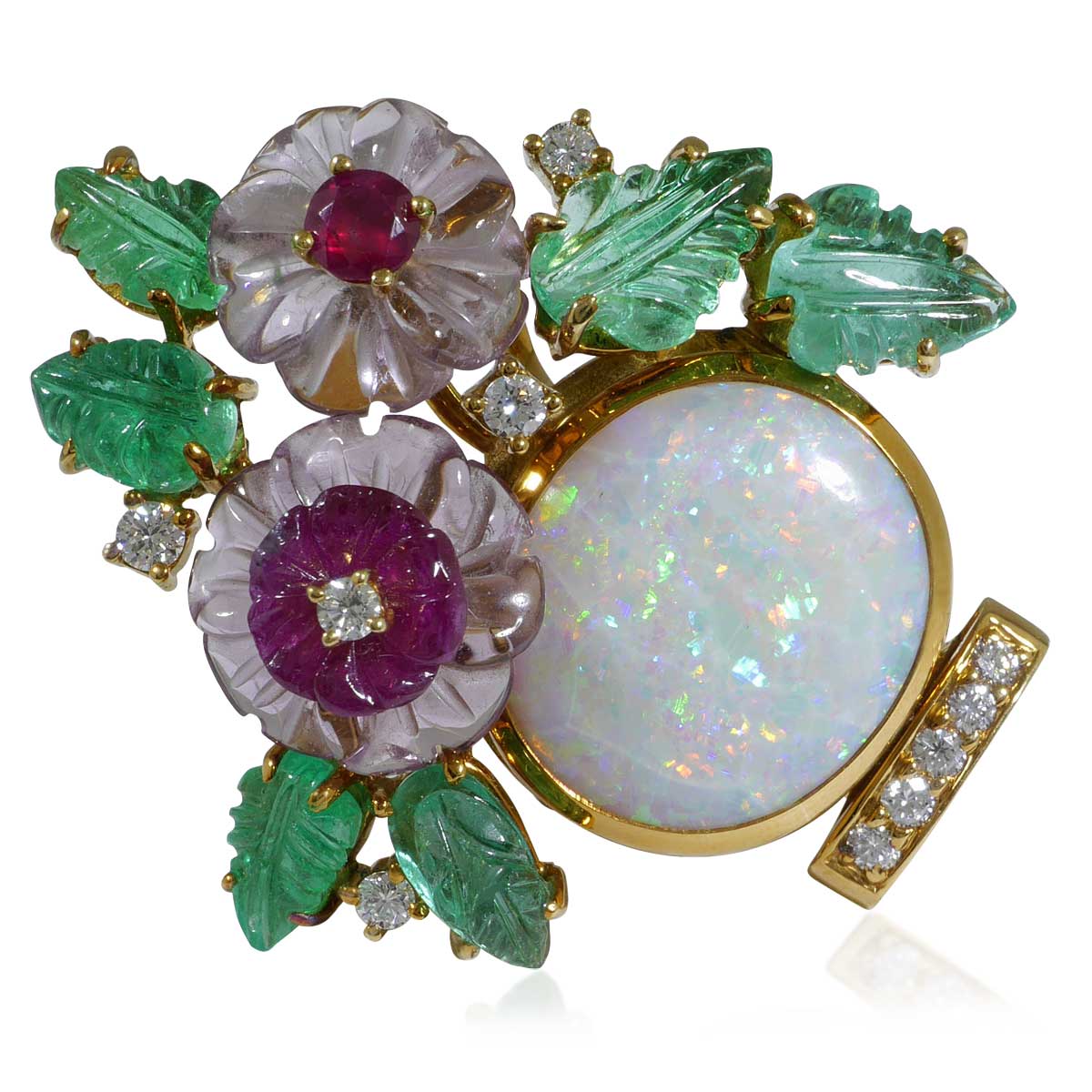 Opalbrosche als Blumentopf mit Blüten aus 5,32ct Smaragd, Rubin,  5,12ct Opal und 10 Diamanten