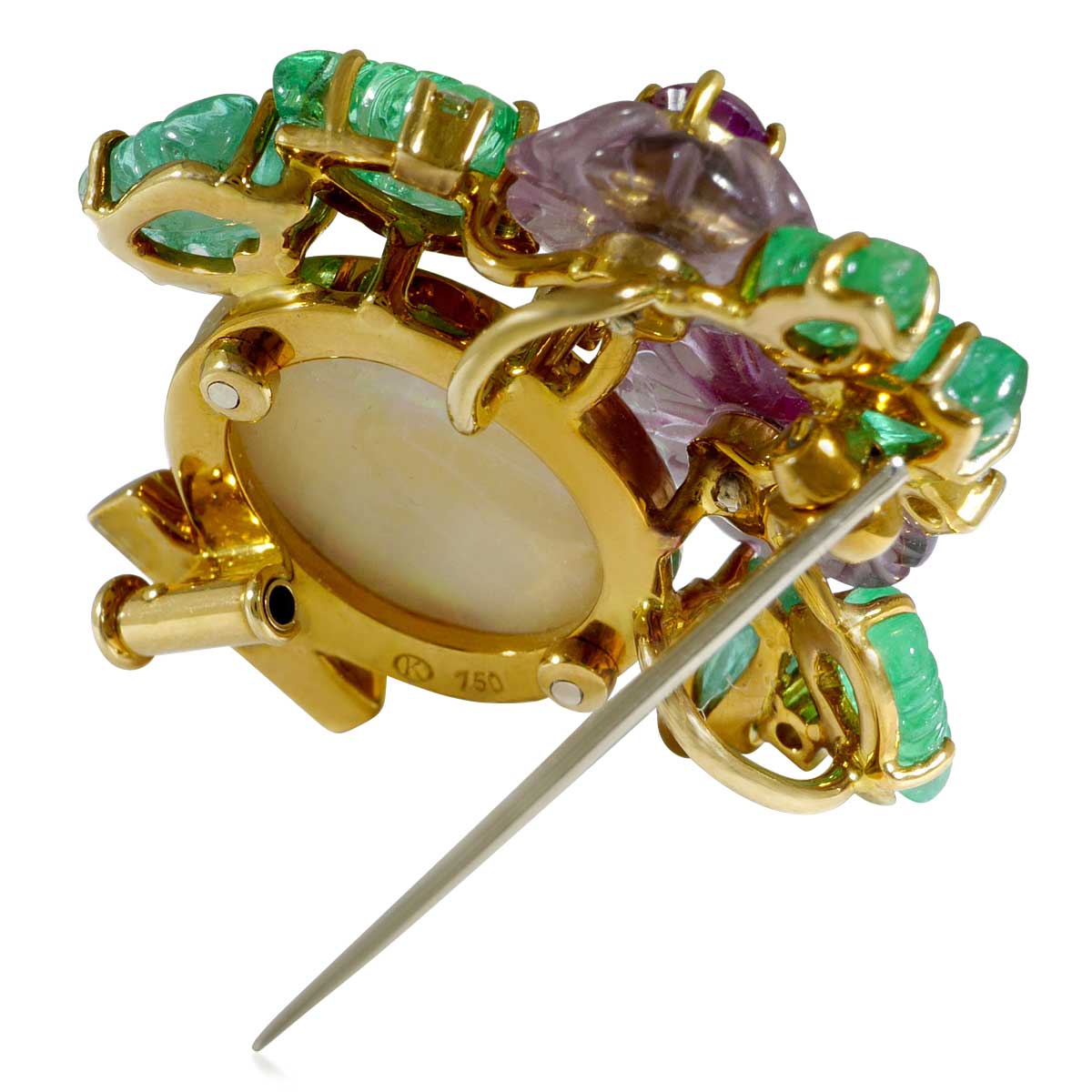 Opalbrosche als Blumentopf mit Blüten aus 5,32ct Smaragd, Rubin,  5,12ct Opal und 10 Diamanten
