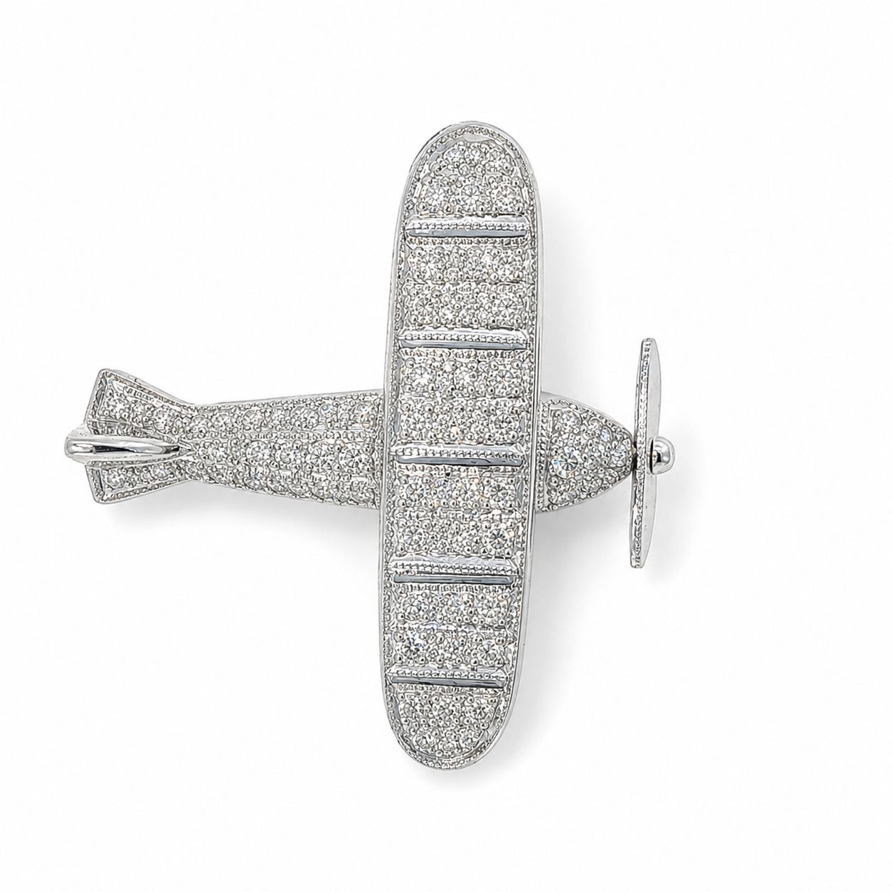 Diamant Brosche mit 53 Diamanten als Propeller  Flugzeug in 18kt Wei�gold