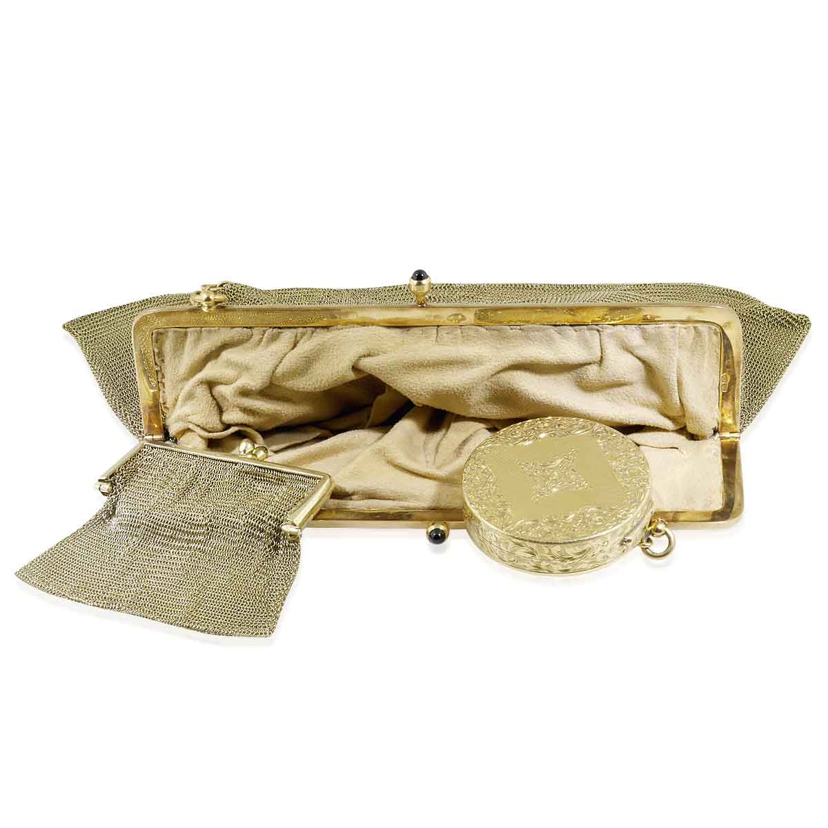 Goldene Tasche mit Innentasche, Fingertäschchen und Puderdose in 585 Gold