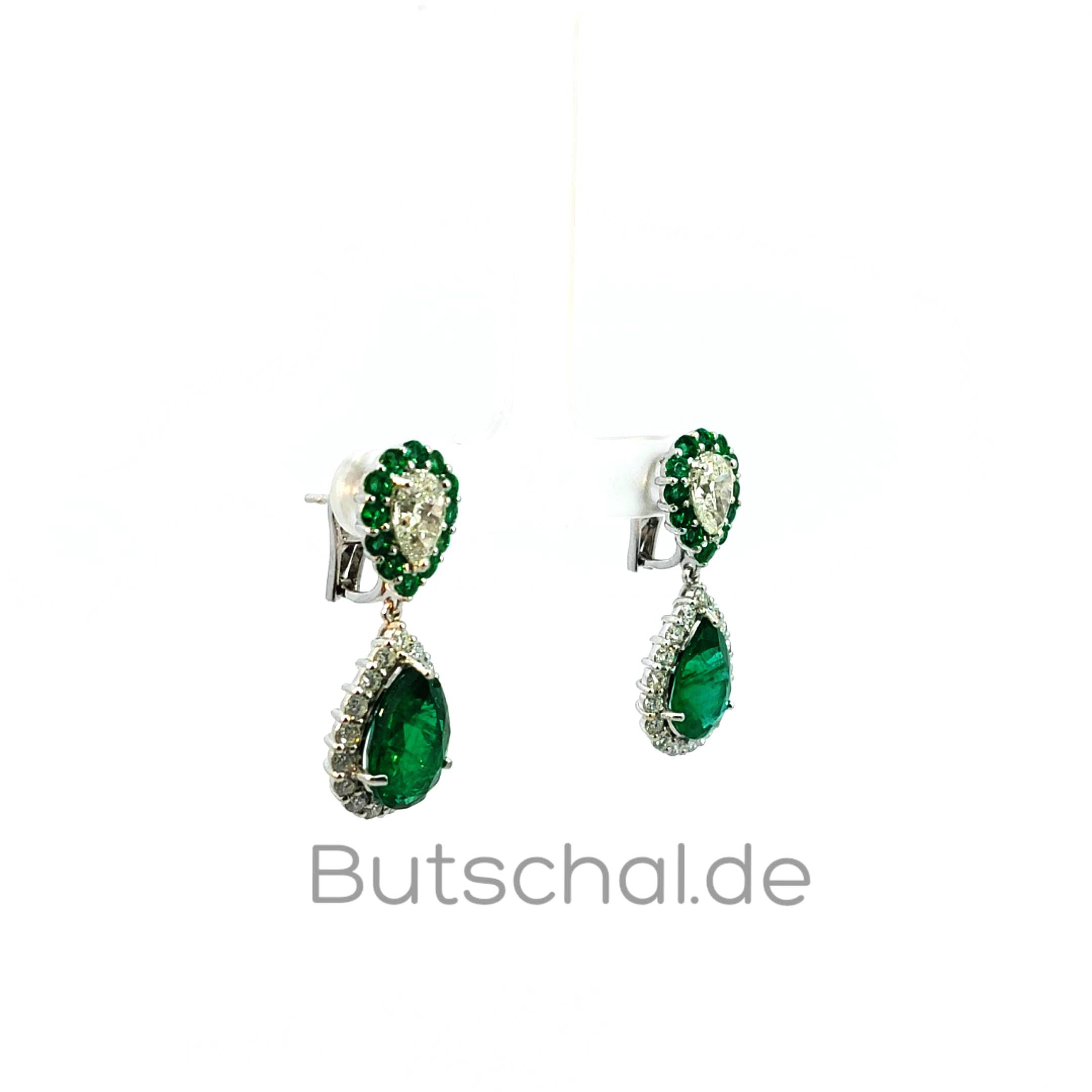  Diamant-Smaragd Ohrringe  mit  großen 3,28ct  Diamanttropfen und 8,14ct Smaragdtropfen aus Zambia.