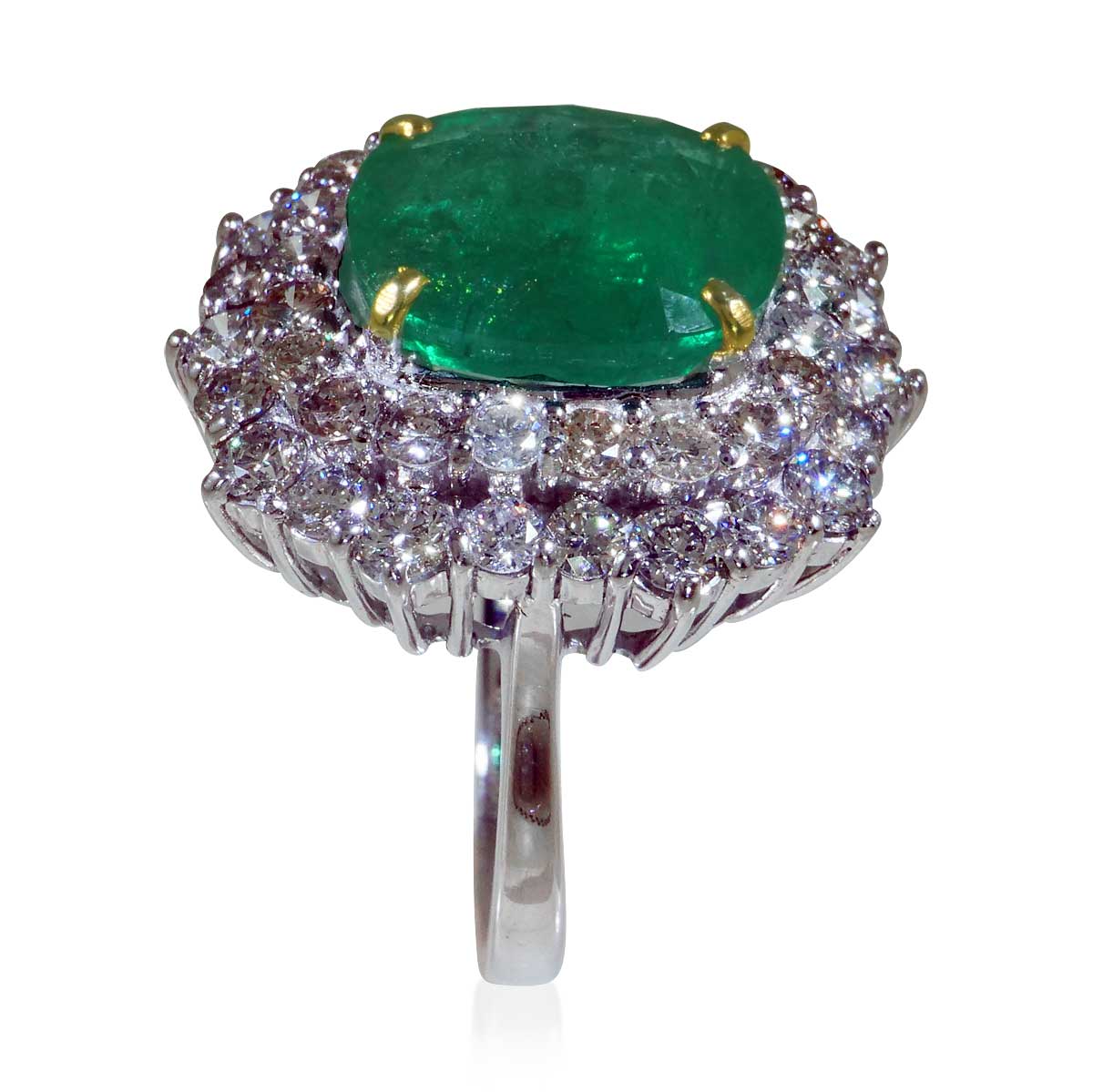 Smaragd-Diamant-Ring in Weissgold 11,86ct Smaragd, mit doppelter Brillantreihe 4,97ct 