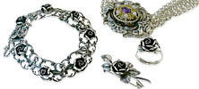 Silber-Rosen 4tlg Garnitur Kropfkette 7-reihig, Brosche Armband Ring, für Vergrösserung bitte hier klicken!